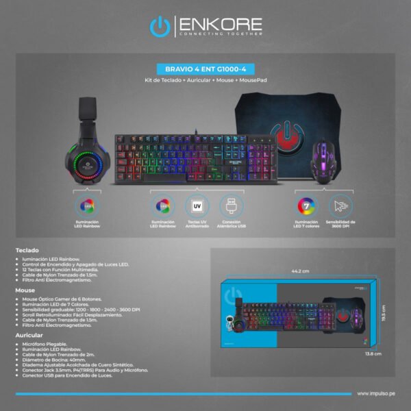 Pack Enkore Bravio G1000-4 Combo Gamer Enkore (Teclado + Audífono + Mouse + Pad Mouse)